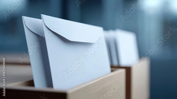 Obraz White envelopes in wooden box for mail sorting with soft focus background creating calm and organized atmosphere