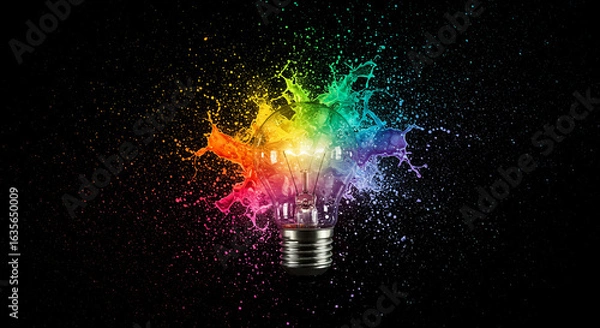 Fototapeta Light Bulb Exploding with Colorful Paint Splashes Concept Illustration