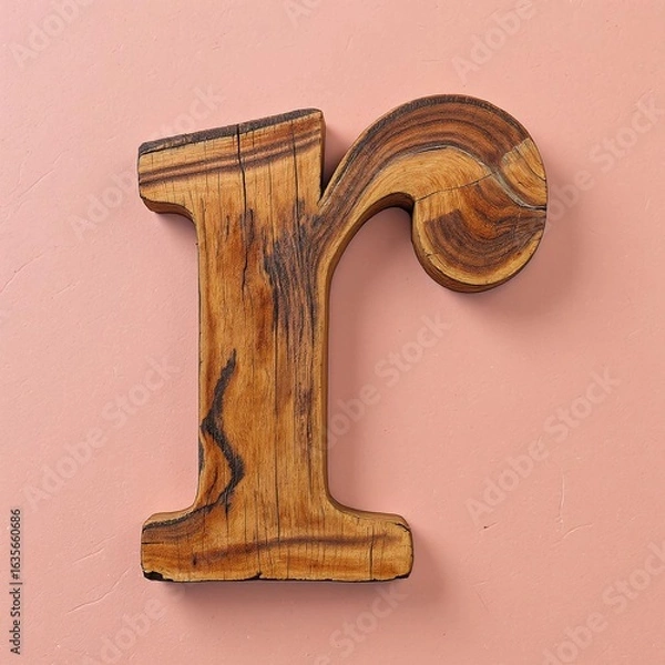 Obraz Lowercase Letter r in Thick Reclaimed Wood – Vertical Slab Style with Visible Scratches and Natural Grain on Dusty Pink Background for Rustic Typography and Vintage Design Concepts