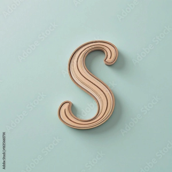Obraz Lowercase Letter s in Layered Plywood – Spiral Shape with Tonal Wood Contrasts on Light Teal Background for Modern Typography and Natural Design Concepts