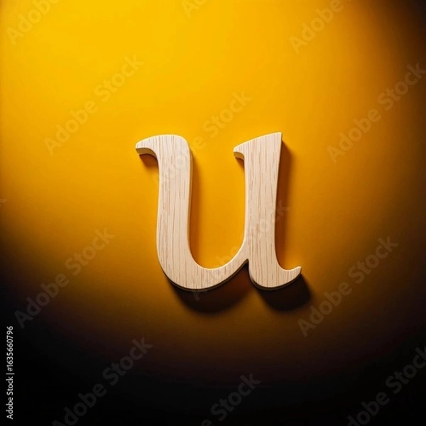 Obraz Lowercase Letter u with Gentle Curves in Pale Ash Wood – Elegant Wooden Alphabet on Mustard Yellow Background with Deep Shadows for Bold Contrast and Modern Typography Concepts