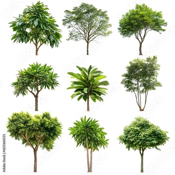 Fototapeta Collection of Nine Isolated Green Trees on White Background