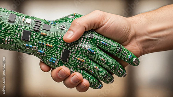 Fototapeta Human Handshaking Robotic Hand: Circuit Board Technology, AI Partnership, Future Collaboration, Innovation Concept.