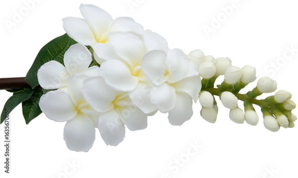 Fototapeta A delicate cluster of white plumeria flowers and buds on a branch, isolated against a white background.