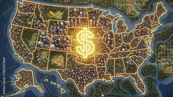 Fototapeta USA Economic Growth: Illuminated Map Showing Financial Power and City Development.