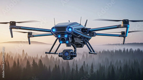 Fototapeta Futuristic Drone Soaring Above Misty Pine Forest at Dawn: Aerial Photography Concept