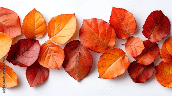 Fototapeta A vibrant arrangement of colorful red and orange autumn leaves scattered across a clean white background.