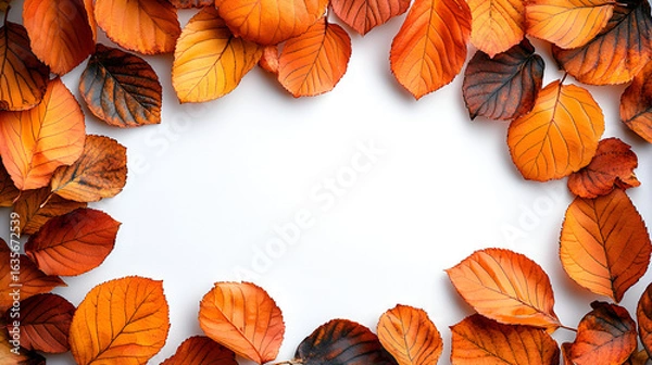 Fototapeta A beautiful frame of vibrant orange and brown autumn leaves arranged on a white background with central copy space.