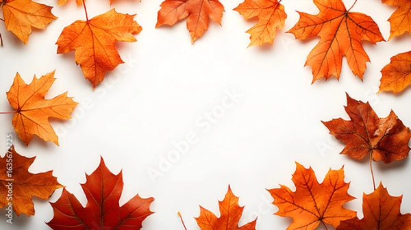 Fototapeta A border of vibrant orange and red autumn maple leaves arranged on a clean white background.