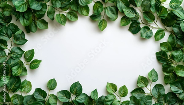 Fototapeta A natural frame of lush green leaves on a white background with central copy space.
