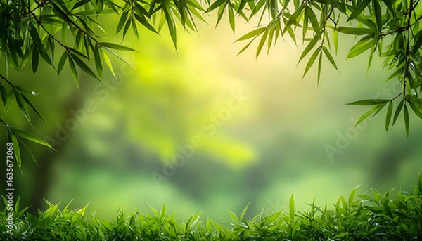 Fototapeta A natural frame of green bamboo leaves and grass with a soft, sunlit, blurred forest background.