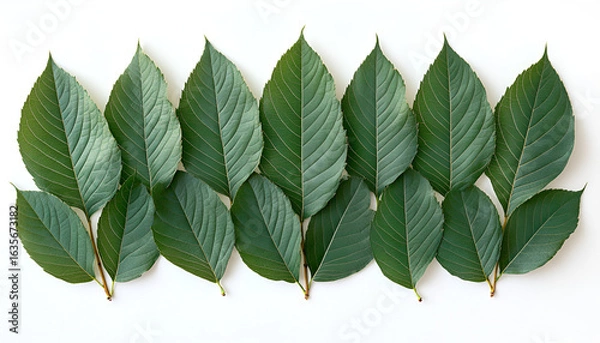 Fototapeta A flat lay of fresh green leaves neatly arranged in two rows on a plain white background.