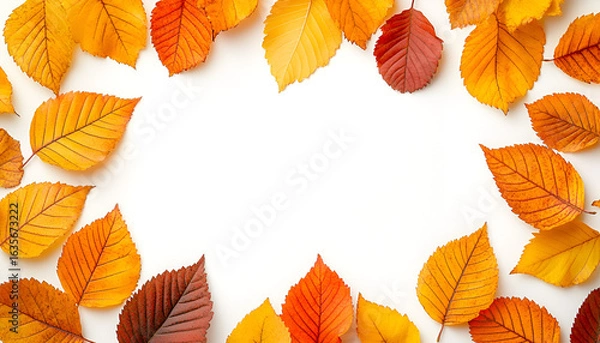 Fototapeta A vibrant frame of colorful autumn leaves in shades of yellow, orange, and red on a white background.