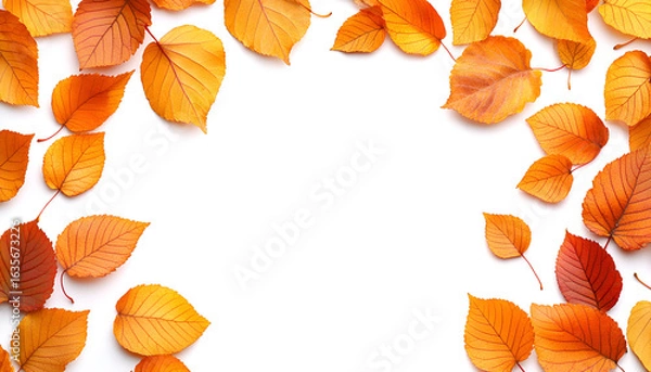Fototapeta A frame of colorful orange and yellow autumn leaves scattered on a clean white background.