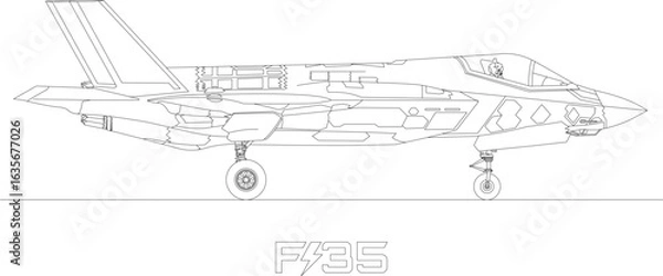 Fototapeta F-35 Lightning II iF35 supersonic military fighter plane, stealth strike fighters, silhouette line art, vector illustration