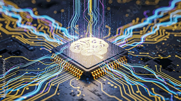 Fototapeta Abstract AI Brain Chip: Futuristic Digital Neural Network, glowing lines, technological concept.