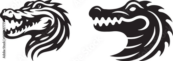 Fototapeta A vibrant vector illustration of a tribal wolf and lion with open mouths, their teeth and red tongues showing in a fun, cartoonish smile