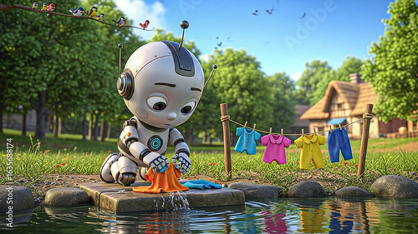 Fototapeta Adorable Robot Doing Laundry by the Creek:  Whimsical 3D Render, Childlike, Happy Mood.