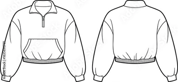 Fototapeta Pullover sweatshirt technical drawing, front and back views, half-zip collar, kangaroo pocket, ribbed cuffs, ribbed hem, fashion sketch, garment template, apparel illustration.