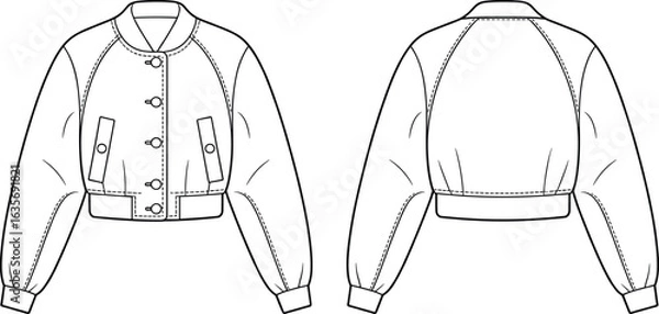 Fototapeta Technical drawing of jacket front and back, collar, button closure, flap pockets, seam lines, cuffs, waistband, fashion sketch, garment design, apparel illustration.