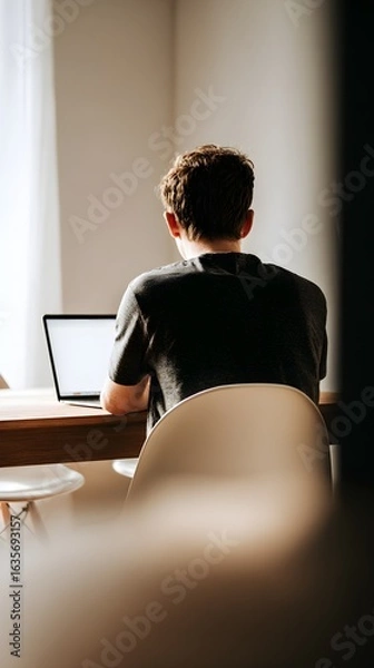 Fototapeta Over-the-Shoulder View of Young Man Working on Laptop – Minimalist Interior with Soft Morning Light