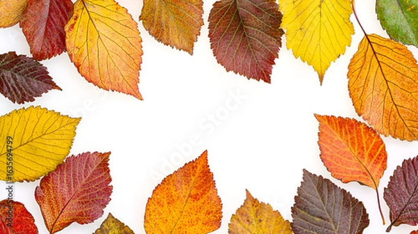 Fototapeta A vibrant collection of colorful autumn leaves forms a natural frame on a white background.