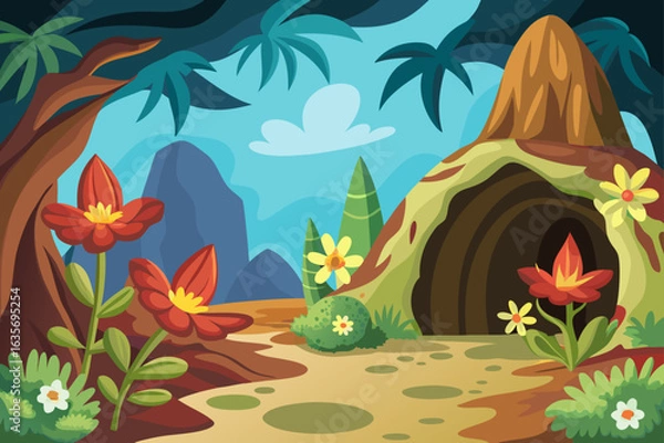 Fototapeta Cartoon Cave Background With Flower Patterns