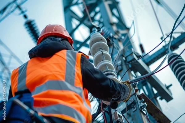 Fototapeta Electrical engineer working on high voltage power lines