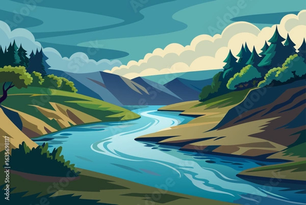 Fototapeta Hand Drawn River Background With Layered Shadows