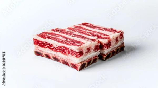 Fototapeta Two fresh cuts of raw beef short ribs, marbled with fat and bone-in, isolated on a white background.