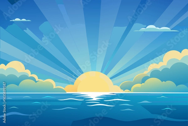 Fototapeta Ocean Sky Background With Sunrays And Clouds