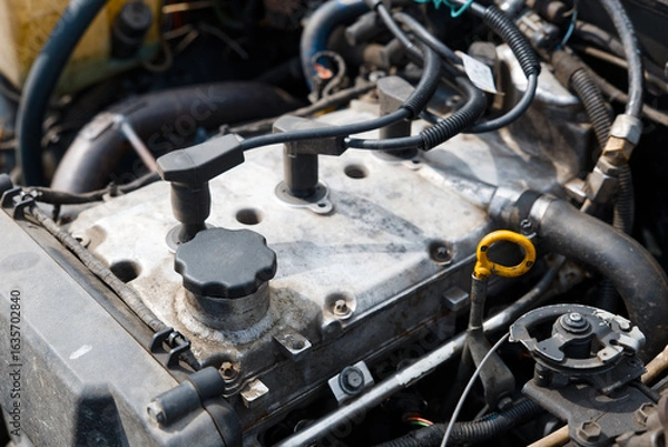 Fototapeta Old and dirty motor of the old car. Shallow focus.