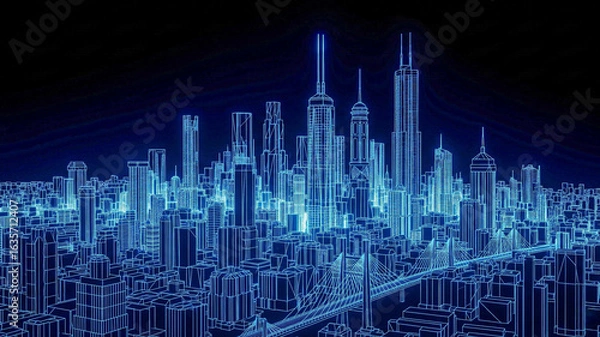 Fototapeta Futuristic Wireframe Cityscape:  Neon Blue Digital Metropolis at Night, Modern Architecture, Technology Concept.