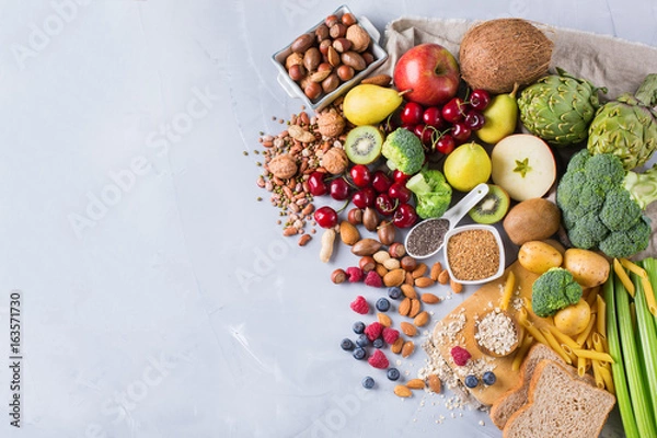 Fototapeta Selection of healthy rich fiber sources vegan food for cooking