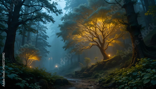 Fototapeta Mystical Enchanted Forest with Glowing Tree and Magical Light in Early Morning Mist – Fantasy Nature Landscape