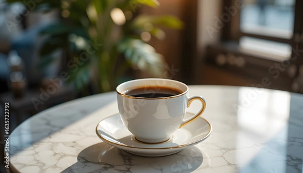 Fototapeta Elegant White Coffee Cup on Saucer with Fresh Brewed Black Coffee in Cozy Morning Light – Warm Cafe Atmosphere