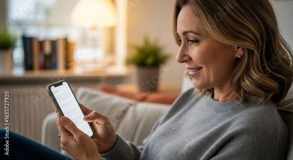 Fototapeta Smiling mature woman relaxing on a cozy sofa at home, engrossed in reading on her smartphone. She's wearing a comfortable grey sweater. Perfect for themes of relaxation, technology, and modern living.