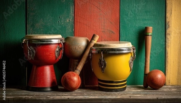 Obraz Colorful Brazilian drums and maracas on a wooden background with green, red, and yellow wood planks.