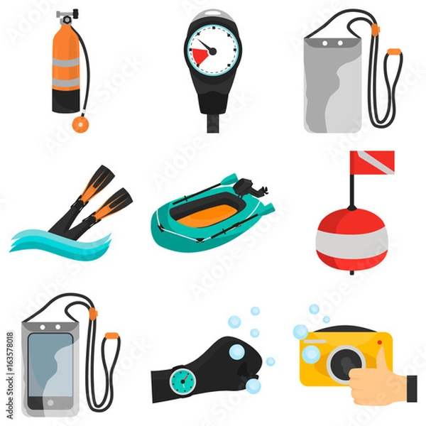 Fototapeta Set of diving color flat icons for web and mobile design