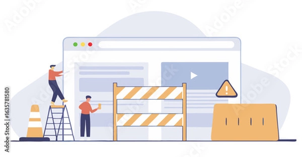 Obraz Website Under Construction Illustration with Workers or Under construction webpage with workers fixing website elements, caution sign