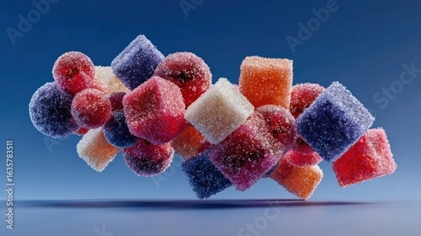 Obraz Abstract sugar cubes dissolving into colorful molecular compounds, depicting biochemical balance