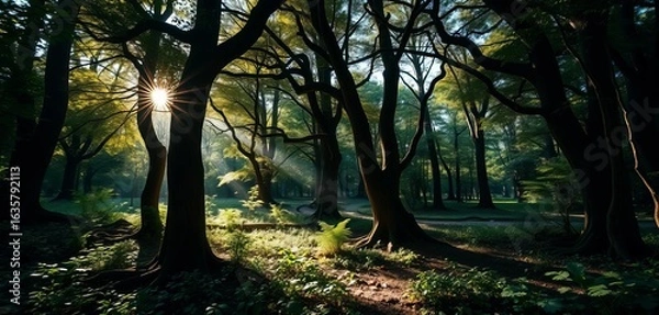 Fototapeta Sunlight dappled forest floor, ancient trees, lush undergrowth,  digital art,  contrast