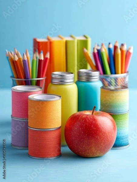 Obraz Colorful school supplies with red apple on blue background in natural lighting. education and creativity