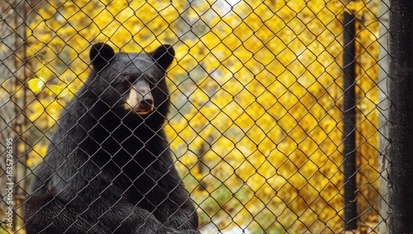 Fototapeta Photo of a bear in an animal cage, sitting and looking through the fence with yellow trees behind it.
