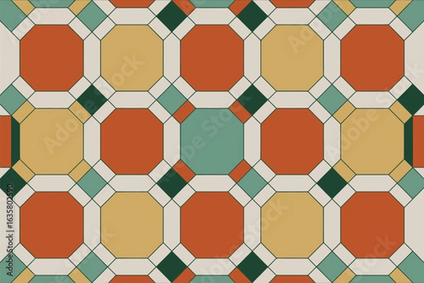 Fototapeta An abstract pattern featuring octagons, squares, and rectangles in orange, yellow, green, and cream colors