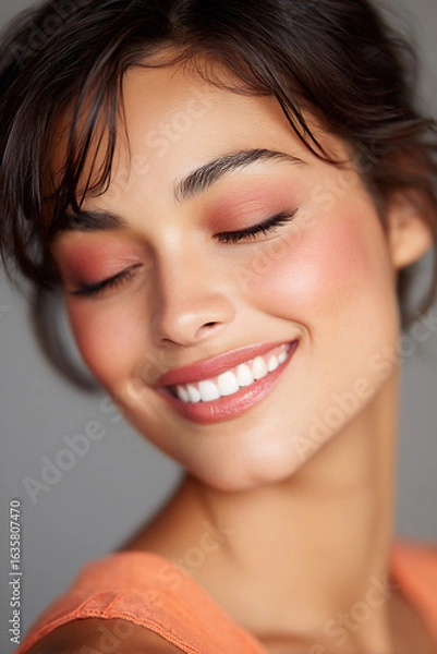 Fototapeta smiling model with coral blush and natural eyebrows soft beauty portrait
