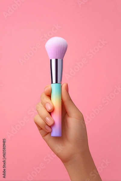 Fototapeta female hand holding pastel makeup brush soft background focus