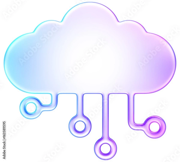 Obraz 3D glass style purple blue cloud icon with circuit lines, representing cloud computing, storage, and networking