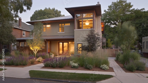 Fototapeta Contemporary house at dusk with warm interior lights, peaceful residential setting and soft focus.