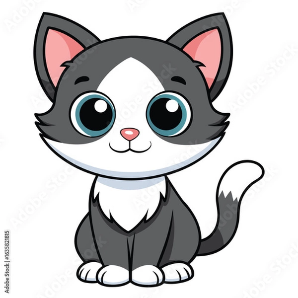Fototapeta Vector art of cute cartoon kitten with big blue eyes, sitting and looking forward, isolated on white background